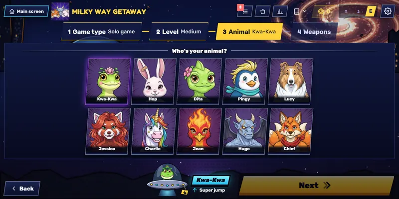The animal selection screen with ten animals