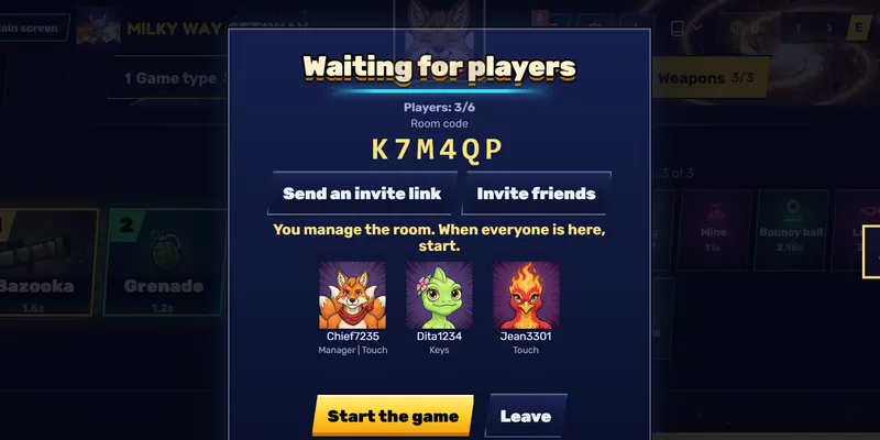 A private room waiting for players, with a room code to share