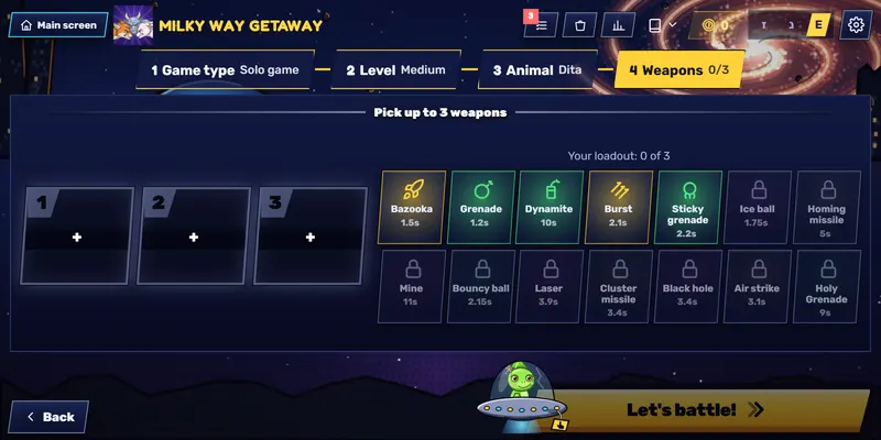 The weapon selection screen with the bazooka, grenade, dynamite and more
